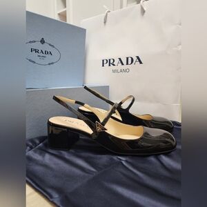 Prada Décoletté Logo Slingback Mary Jane Black Patent Leather Block Heel Pump